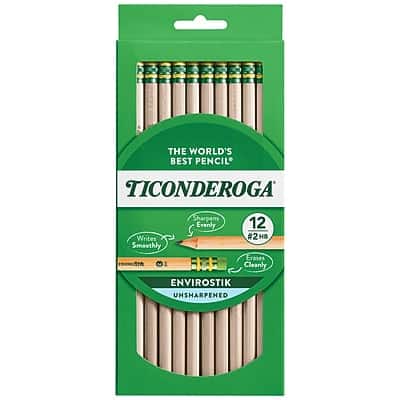 THE WORLD'S BEST PENCIL  
TICONDEROGA  

Writes Smoothly  
Sharpens Evenly  
Erases Cleanly  

12 #2 B  
42/18  

ENVIRONMENTALLY FRIENDLY  
ENVIROSTIK  
UNSHARPENED