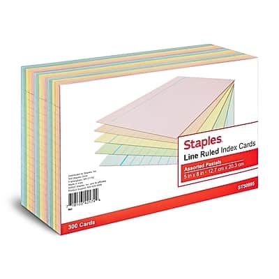 Staples - 5" x 8" Index Cards, Lined, 300/Pack - Assorted