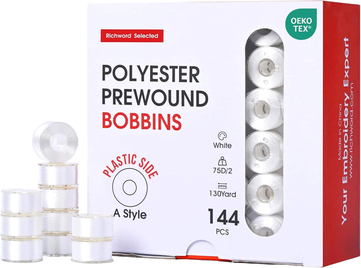 Richword embroidery  machine 144 bobbins prewound plastic size A 75D/2 white for Brother Janome Poolin