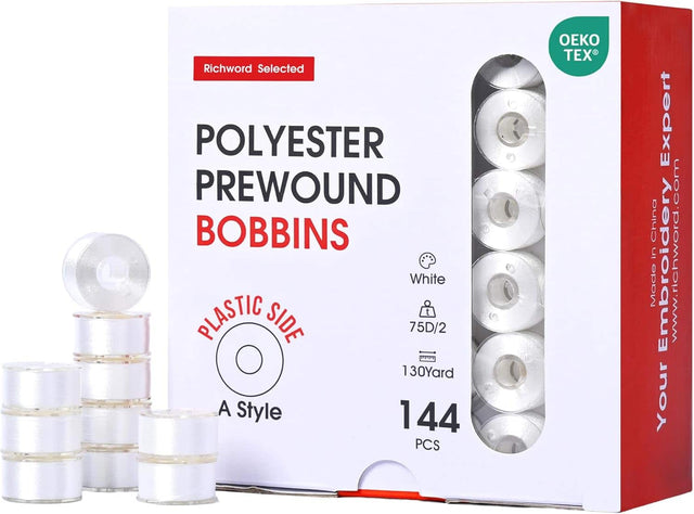 Richword Selected POLYESTER PREWOUND BOBBINS White PLASTIC SIDE 75D/2 130Yard A Style 144 PCS  
Made in China  
Embroidery Expert  
www.richword.com