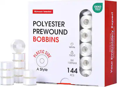 Poolin - Richword embroidery  machine 144 bobbins prewound plastic size A 75D/2 white for Brother Janome Poolin