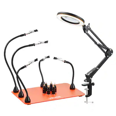VEVOR - Magnetic Helping Hands Soldering Station, 2-In-1 Third Hand Soldering Tool - 3X LED Magnifying Lamp & 5 Flexible Arms