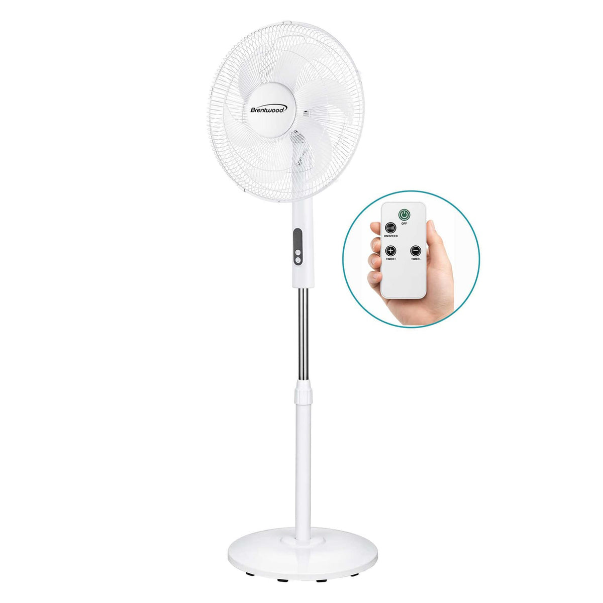 Brentwood - 16" Oscillating Stand Fan, 3 Speeds, 1160 CFM, 6 Blades, Tilting Head, 90° Oscillation, Timer, Remote - White