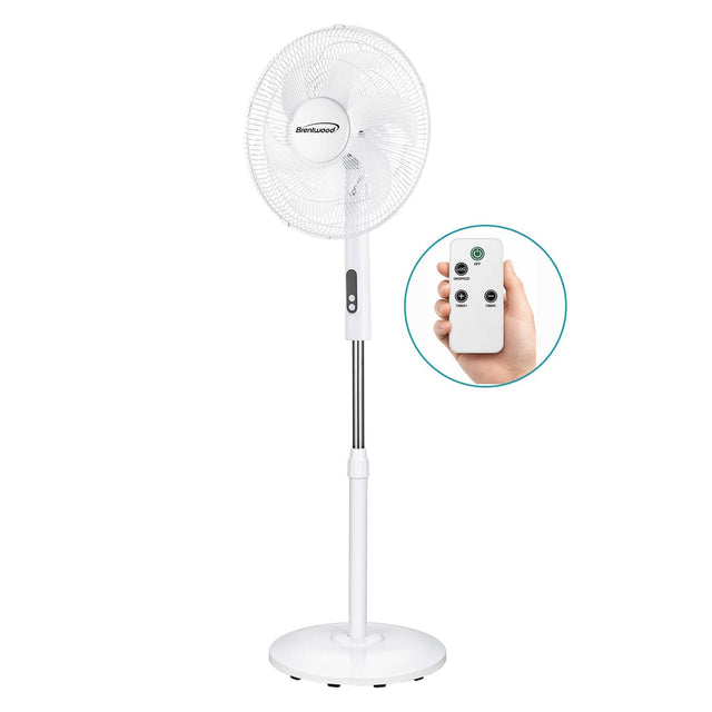 Front. Brentwood - 16" Oscillating Stand Fan, 3 Speeds, 1160 CFM, 6 Blades, Tilting Head, 90° Oscillation, Timer, Remote - White.
