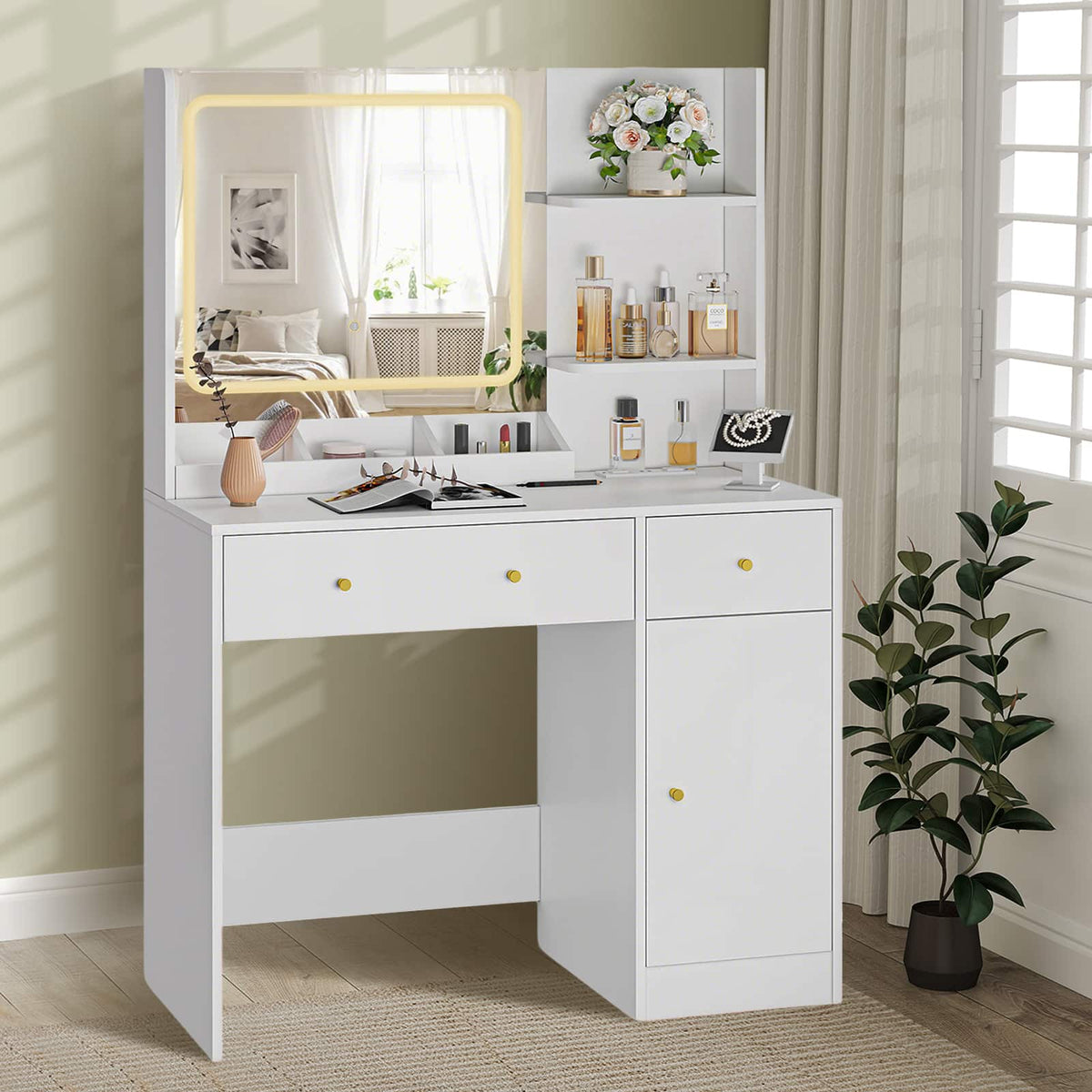 Sugift - LED Vanity Table with Mirror Adjustable Lighting and 3 Tier Storage Drawers - White