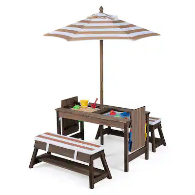 Costway - Kids Picnic Table & Benches Set with Adjustable Umbrella, Removable Cushions, Boxes