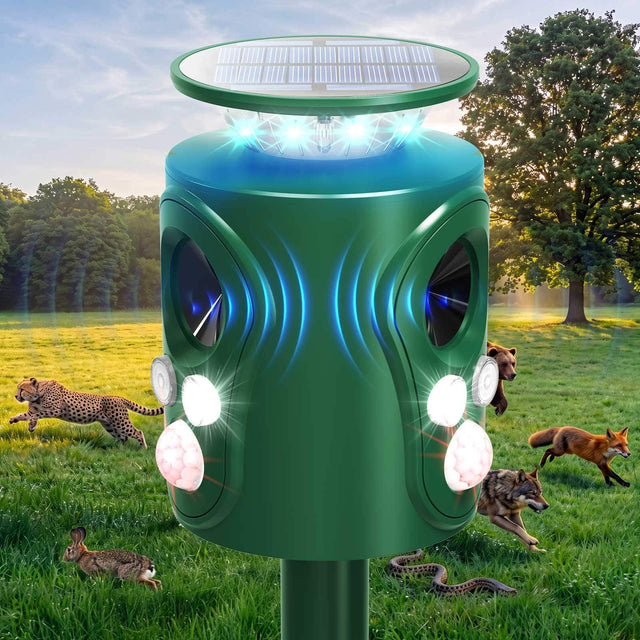 Front. Sugift - Solar Ultrasonic Animal Deterrent Outdoor 360 Degree Motion Activated with 5 Modes LED Strobe and Alarm IP66 - Green.