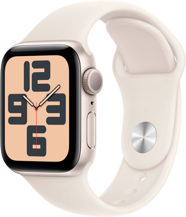 Angle. Apple - Apple Watch SE 2nd Generation (GPS) 40mm Aluminum Case with Starlight Sport Band - M/L - Starlight.