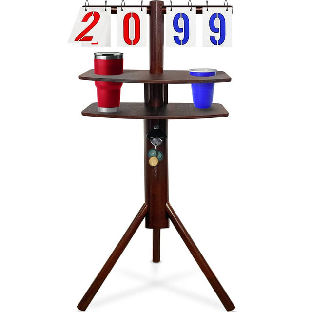 Front. Swooc Games - Cornhole Score Keeper & Other Yard Games - Weather Resistant - Cornhole Scoreboard With Drink Holder & Bottle Opener - Brown.