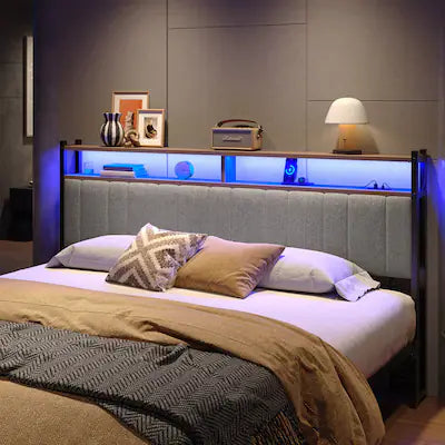 Pinmoco - Linen Upholstered Storage Headboard LED Headboard with Charging Station