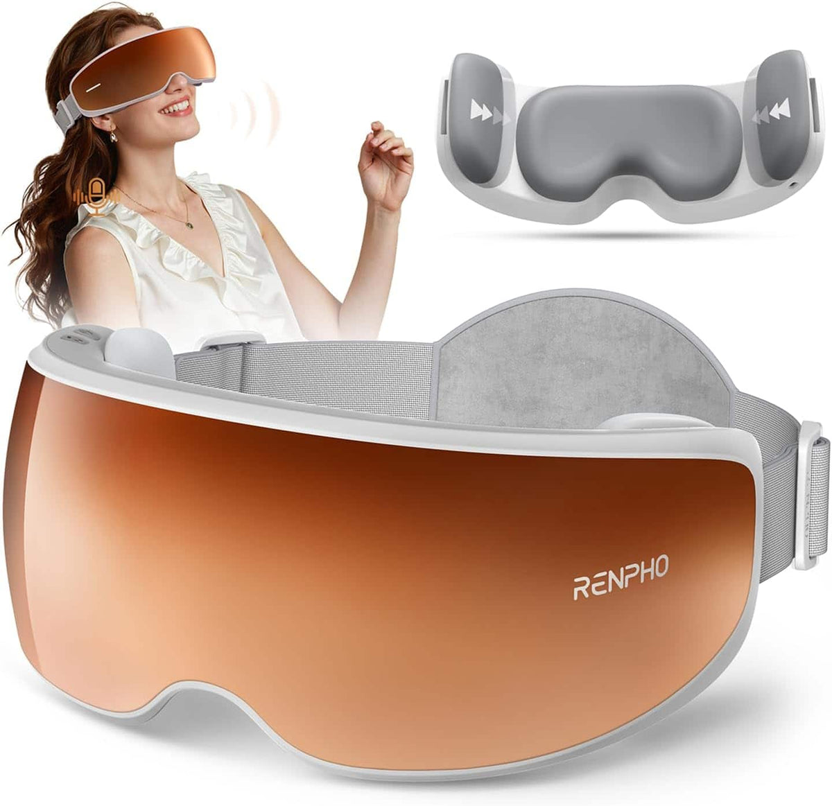 Renpho - Eye Massager for Migraines, Vibration & 3 Level Heating & 3 Level Air Pressure and 3 Level Pressure Mode, Voice Control - Orange