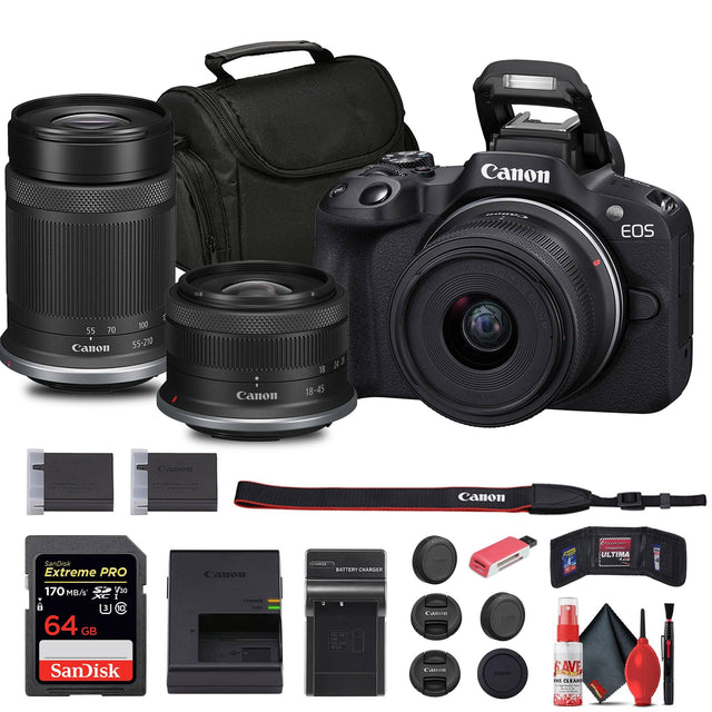 Canon EOS 55  
Canon 100  
Canon 55-210  
Canon 8 J 18-45  
SanDisk Extreme PRO 170 MB/s V30 64 GB  
Canon Charger  
Canon Batteries  
Canon Lens Caps  
Canon Lens Hood  
Canon Lens Cleaning Kit  
Canon Camera Bag  
Canon Strap  
Canon Lens Cap