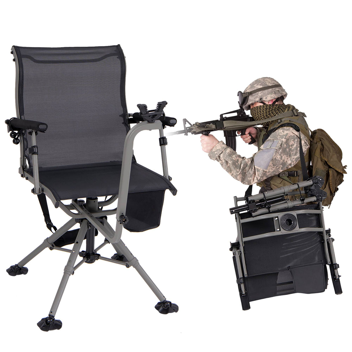 Gymax - Shooting & Hunting Chair w/ 3 Position Adjustable Legs 360° Silent Swivel - Black, Grey