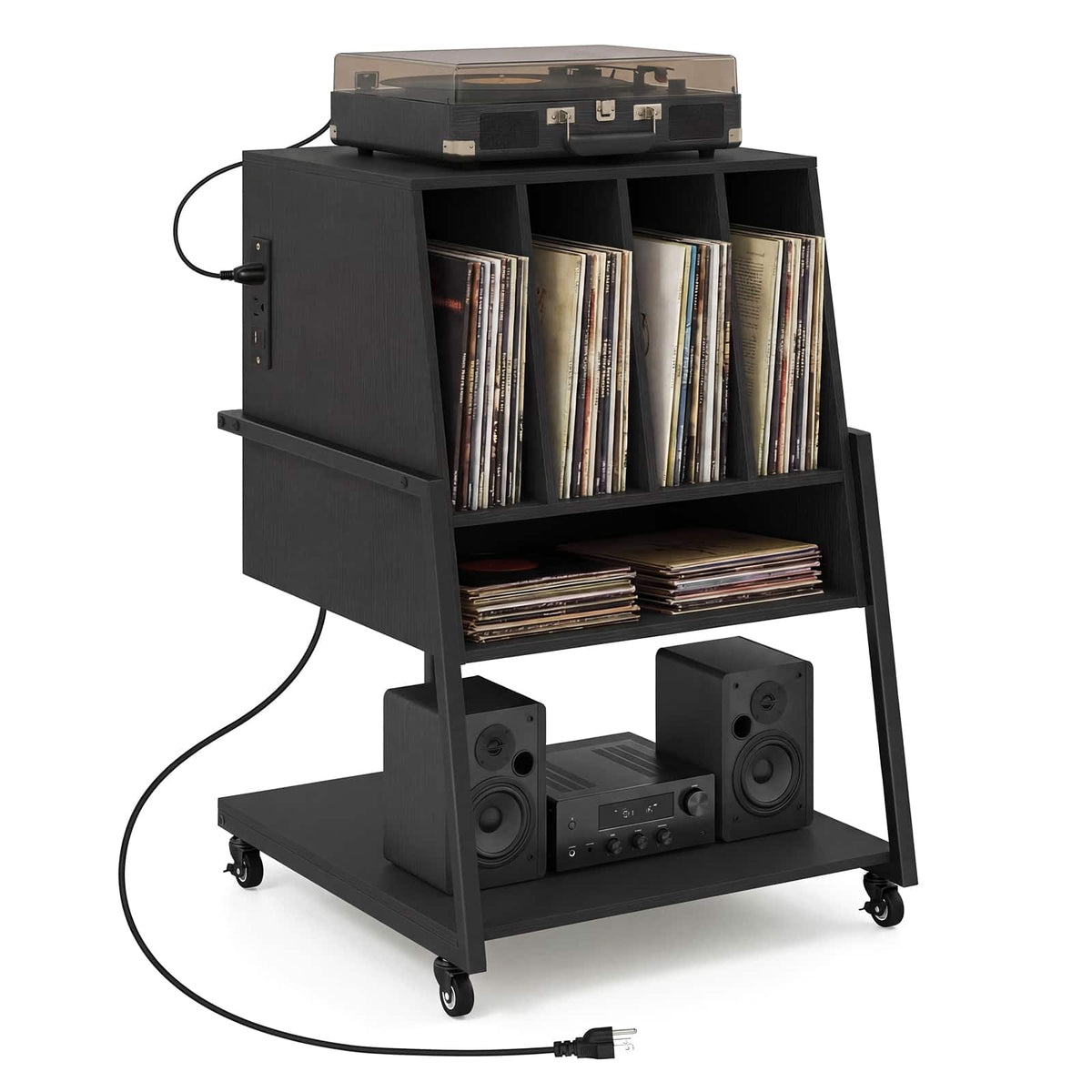 Costway - Record Player Stand on Wheels with Power Outlets, Divided Compartment, Open Shelves - Black