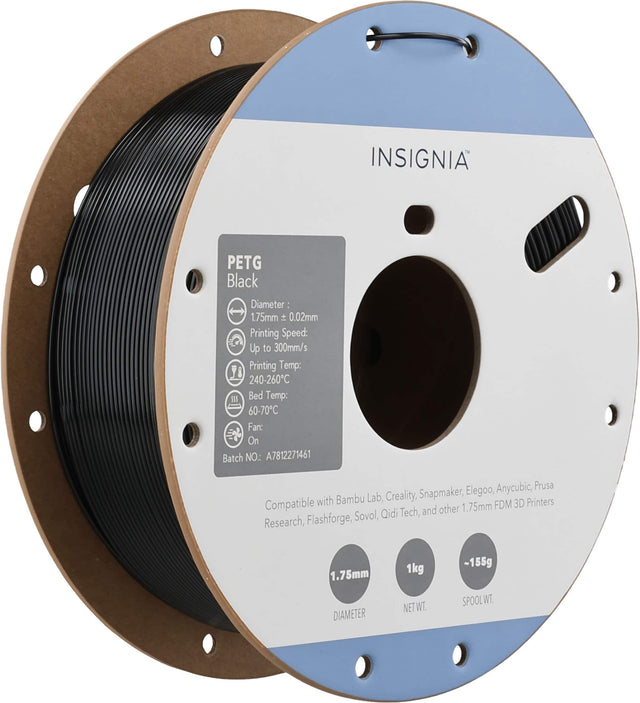 INSIGNIA PETG Black  
Diameter: 1.75mm ± 0.02mm  
Printing Speed: Up to 300mm/s  
Printing Temp: 240-260°C  
Bed Temp: 60-70°C  
Fan: On  
Batch NO: A7812271461  

Compatible with Bambu Lab, Creality, Snapmaker, Elegoo, AnyCubic, Prusa, Research, Flashforge, Sovol, Qidi Tech, and other 1.75mm FDM 3D Printers  

1.75mm  
1kg NET WT.  
~155g SPOOL WT.
