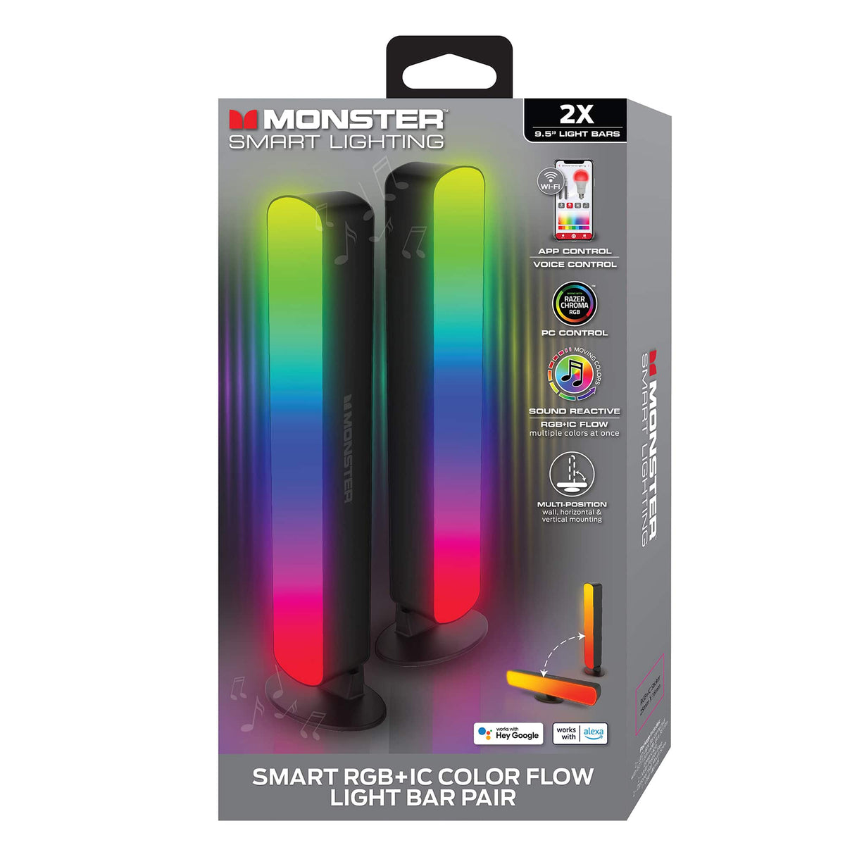 Monster - 2 Pack Dimmable Sound Reactive Smart LED Light Bars, Multi-Color Razor Chroma TV & Gaming Wi-Fi Light Bars - Multicolor