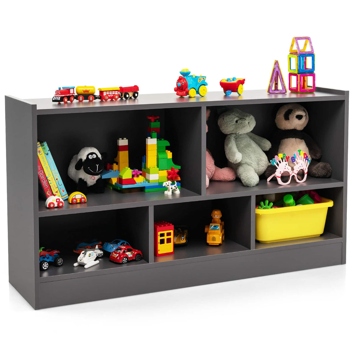 Costway - Kids 2-Shelf Bookcase 5-Cube Wood Toy Storage Cabinet w/ Shelves Grey - Gray