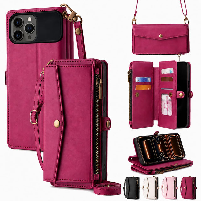 Front. Topteng - 6-in-1 Wallet Case for iPhone 12 & 12 Pro Max with Wrist & Crossbody Straps, Zipper Pocket, Card Holders - iPhone 12 Pro Max Red.