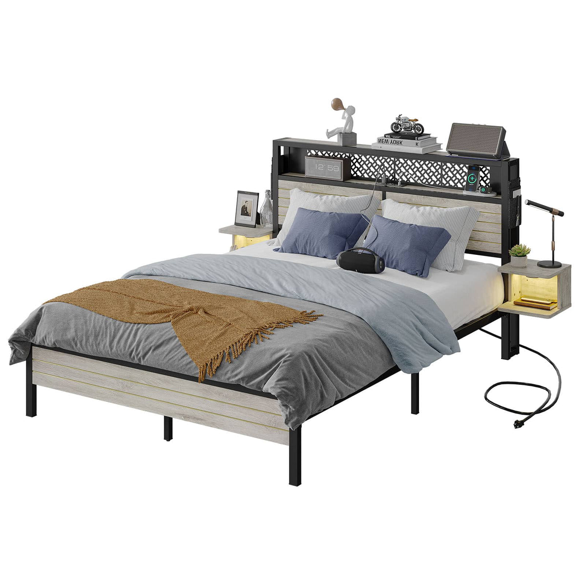 Bestier - Queen Gaming Bed Frame Golden Stripe Headboard LED Nightstands with Charging Station - Gray