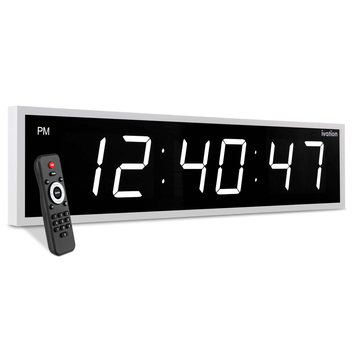 Ivation - Large Digital Clock, 48" Led Wall Clock with Stopwatch, Alarms, Timer, Temp & Remote - White