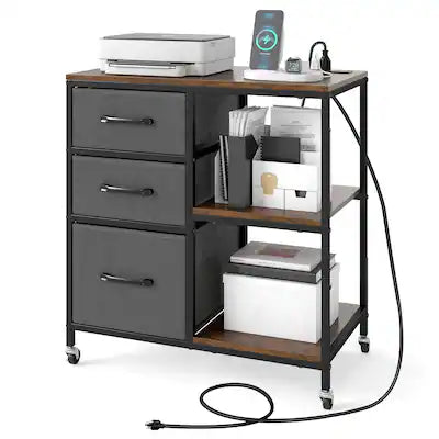 Gymax - 3 Drawer Mobile File Cabinet w/ Charging Station Storage Cabinet on Wheels