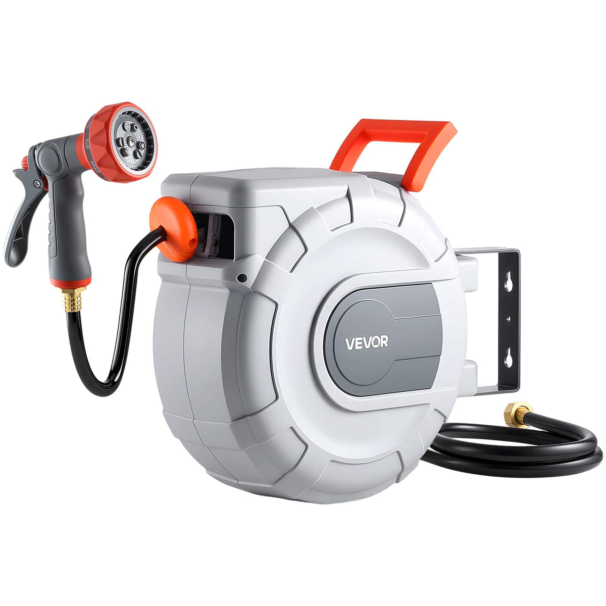 VEVOR - Retractable Garden Hose Reel, 1/2 in x 50 ft, Wall Mounted Hose Reel with 9-Function Sprayer Nozzle and 180° Swivel - Gray