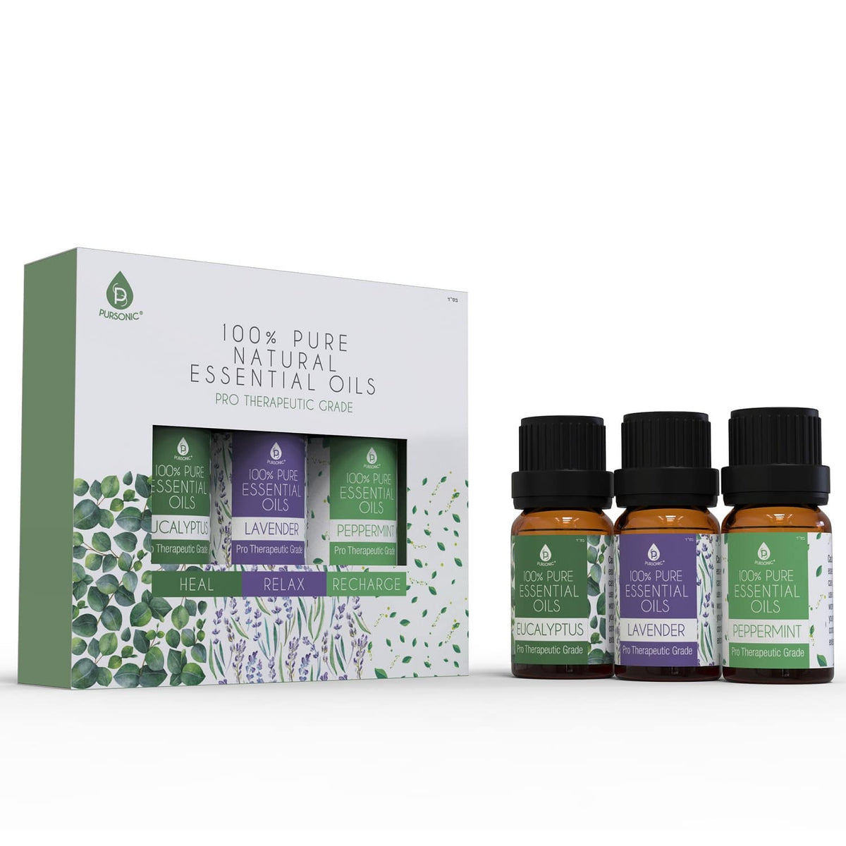 Pursonic - 3 pack of 100% Pure Essential Oils (Eucalyptus, Lavender & Peppermint) - Multicolor