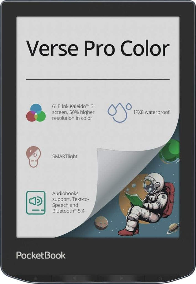 Verse Pro Color

- 6" E Ink Kaleido™ 3 screen, 50% higher resolution in color
- IPX8 waterproof
- SMARTlight
- Audiobooks support, Text-to-Speech and Bluetooth® 5.4

PocketBook