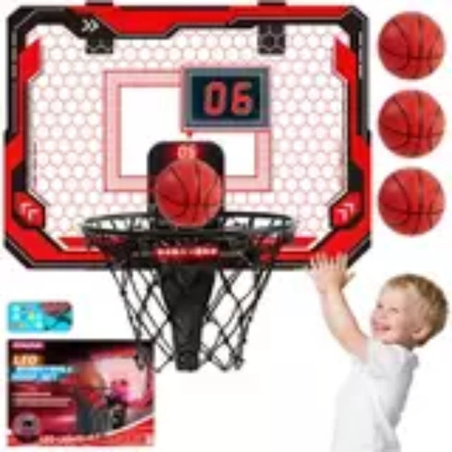 Front. Joyfy - Kid Basketball Hoop Light Up Over The Door With Scoreboard & 4 Balls, Indoor Mini Basketball Hoop Toy Game - Multicolor.