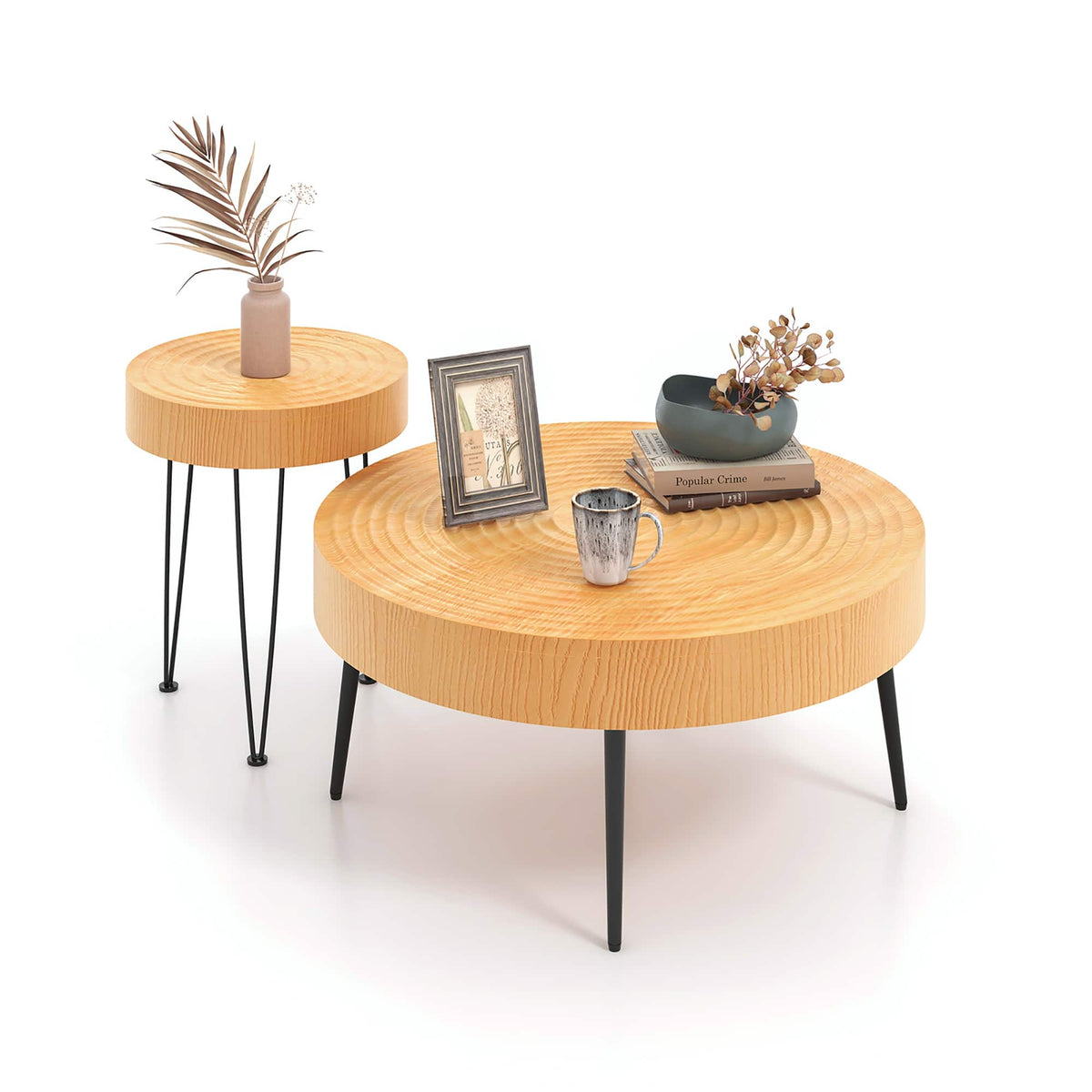 Costway - Round Coffee Table Set of 2 End Table Finish for Living Room - Natural