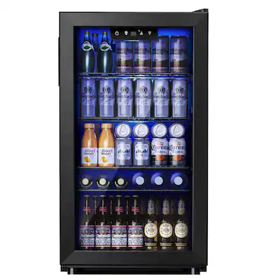 SIMZLIFE - 130 Can Beverage Refrigerator and Cooler with Glass Door for Home, 17.3 in D, 31.3 in H, 3.2 cubic feet
