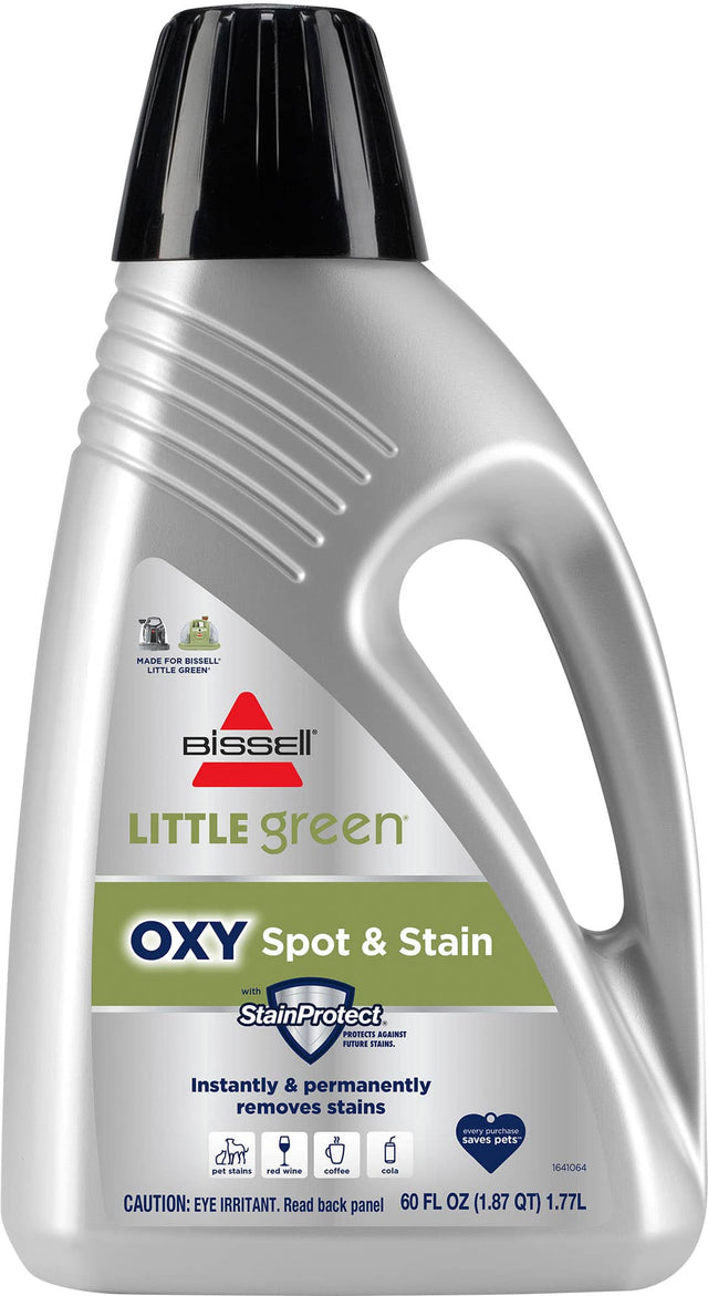 The text on the image reads: "Made for Dissell Little Green Bissell Little Green OXY Spot & Stain with StainProtect PROTECTS AGAINST FUTURE STAINS. Instantly & permanently removes stains every purchase saves pets pet stains red wine coffee cola 1641064 CAUTION: EYE IRRITANT. Read back panel 60 FL OZ (1.87 QT) 1.77L."