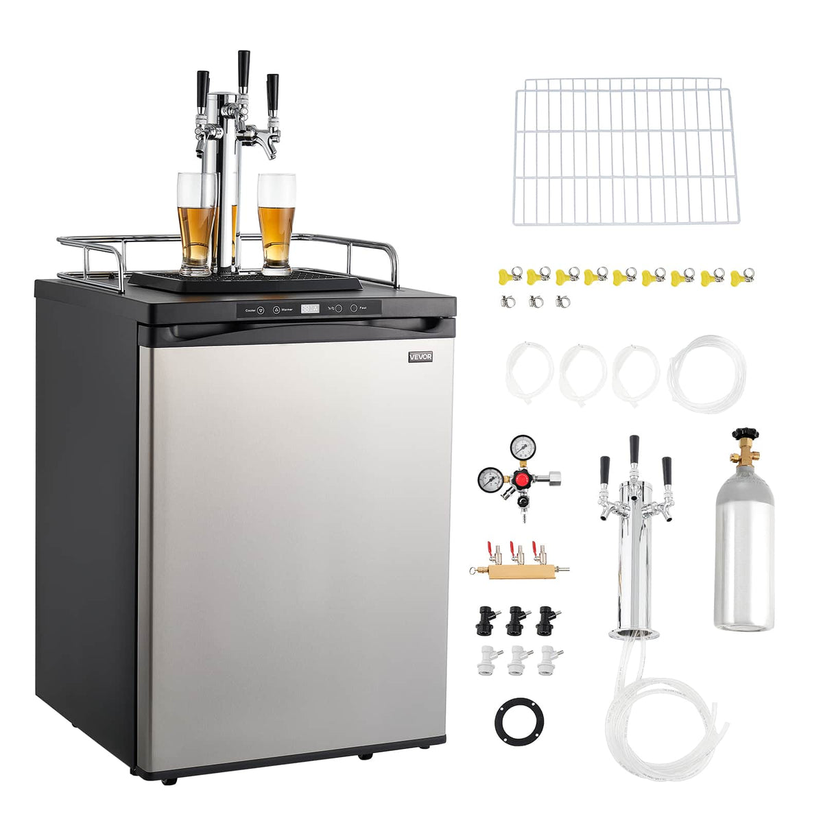 VEVOR - Beer Kegerator, Triple Tap Home Draft Beer Dispenser for Ball Lock, Full Size Keg Refrigerator with 5lbs CO2 Tank - Silver