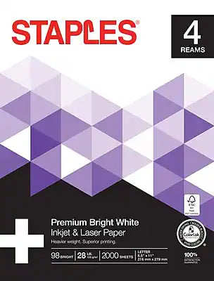 Staples - Laser Paper, 8.5" x 11", 28 lbs., 500 Sheets/Ream, 4 Reams/Carton
