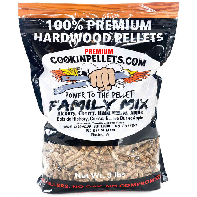 100% PREMIUM HARDWOOD PELLETS  
PREMIUM COOKINPELLETS.COM  
POWER TO THE PELLET FAMILY MIX  
Hickory, Cherry, Hard Maple, Apple  
Bois de Hickory, Cerise, Érable Dur et Apple  
AWESOME FLAVOR. SMOOTH FINISH  
100% HARDWOOD 3LB 1.36KG  
NO FILLERS! No Oak OR ALDER  
Racine, WI  
Net Wt. 3 lbs  
NO FILLERS. NO OAK. NO COMPROMISES