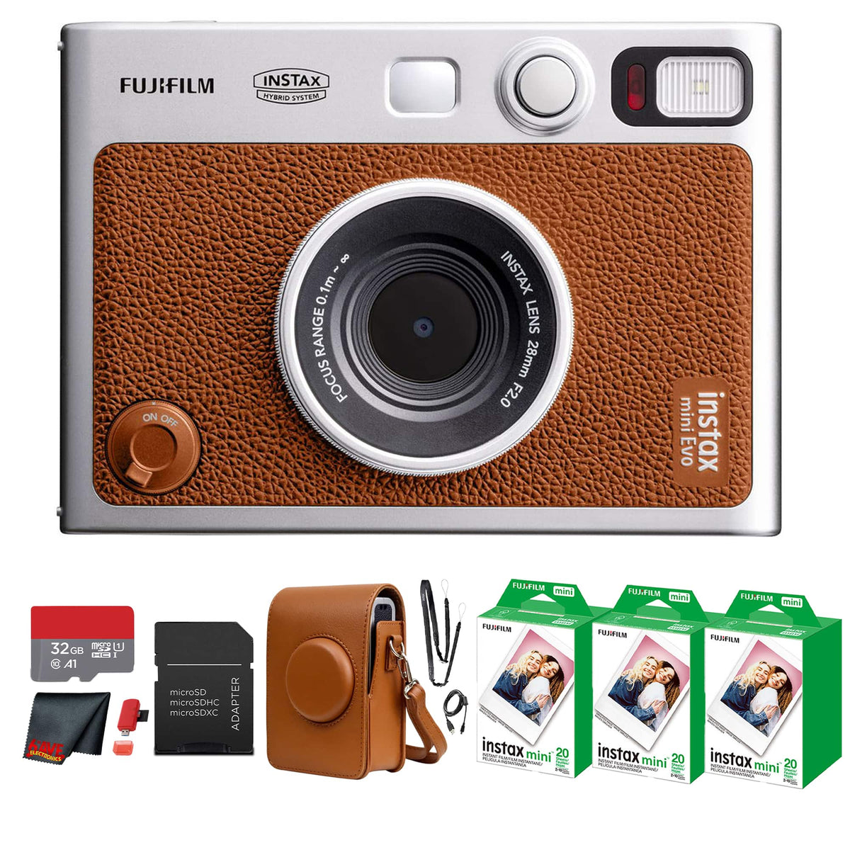 Fujifilm - Instax Mini EVO Instant Film Camera with 60 Films + 32GB Card - Brown