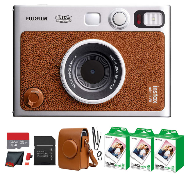 FUJIFILM INSTAX HYBRID SYSTEM  
ON OFF  
FOCUS RANGE 0.1m - ∞  
INSTAX LENS 28mm F2.0  
mini Evo  
instax mini 20  
- PUEIML instax mini 20  
- PRRFWM instax mini 20  

32GB microSDHC microSDXC ADAPTER  
FUSBILM instax mini 20  
instax mini 20  
instax mini 20