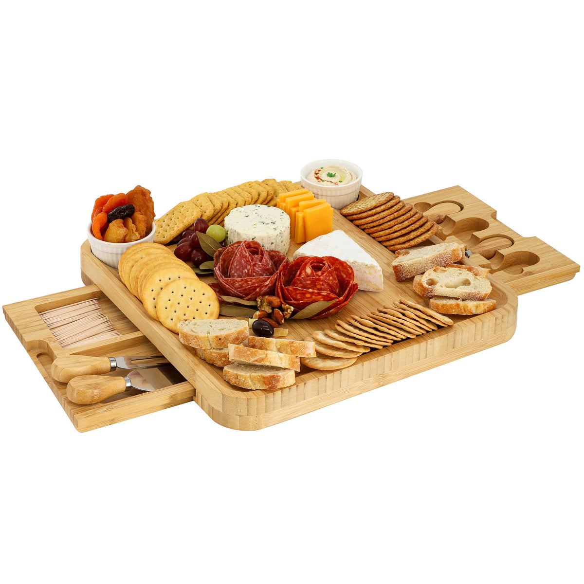 MegaChef - Bamboo Charcuterie Cheese Board Set with Ramekins and Slide Out Cutlery Drawer - Brown