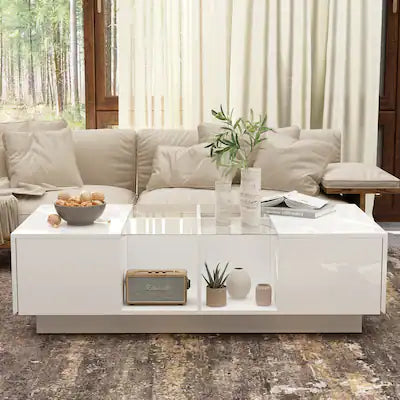 FUFU & GAGA - Modern LED Coffee Table with Storage Drawers and Open Shelves for Living Room Organization and Ambient Lighting
