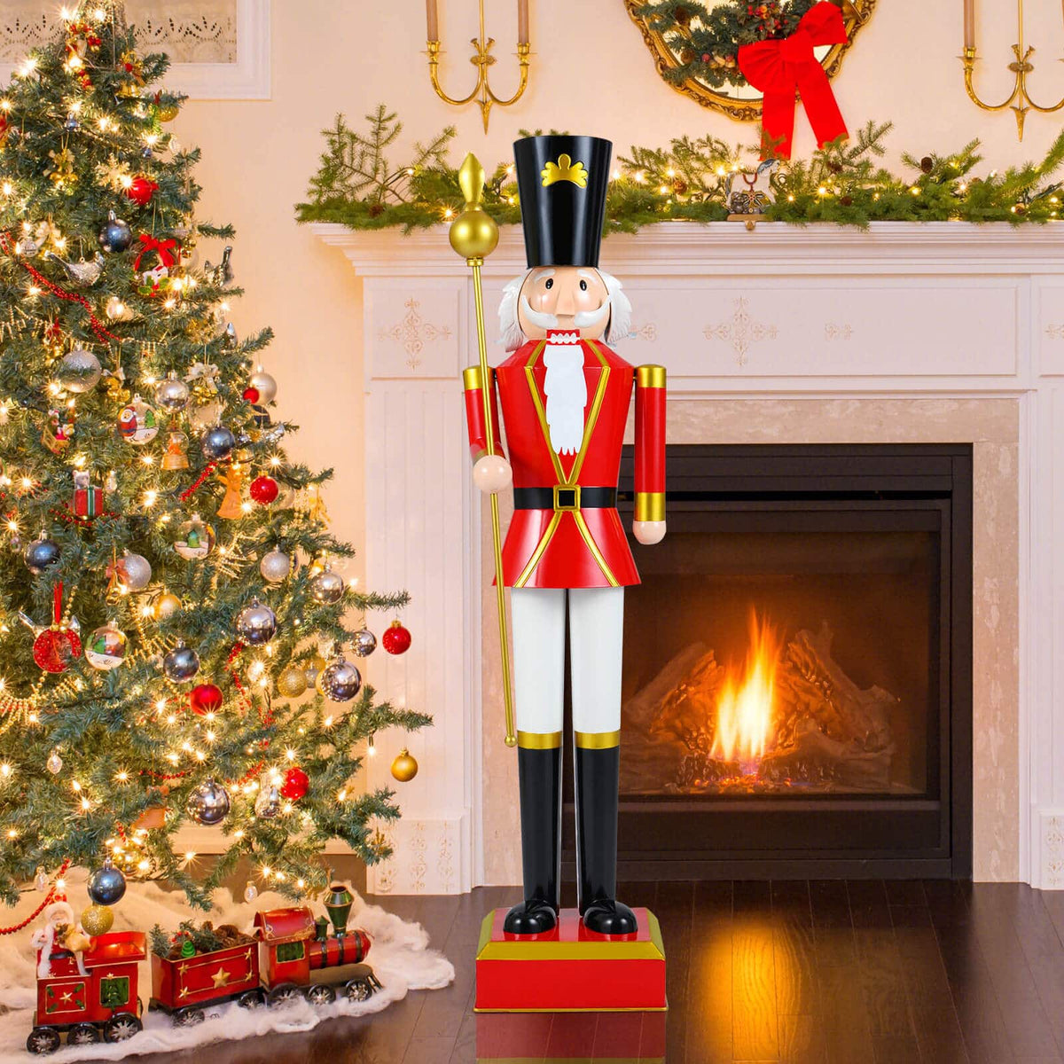 Costway - 4' Christmas Nutcracker with High Hat & Beautiful Scepter, Uniform & Boots for Yard - Black+Red