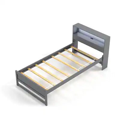 Costway - Twin Size Wooden Bed Frame w/ Charging Station & LED Light Storage Headboard