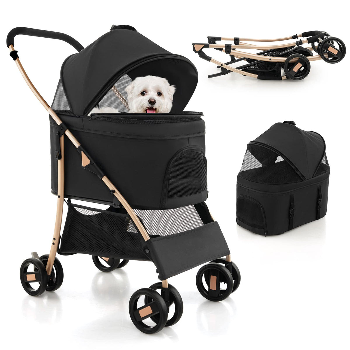 Costway - 3-In-1 Pet Stroller with Removable Car Seat Carrier 4-Level Adjustable Canopy - Black+Rose Gold