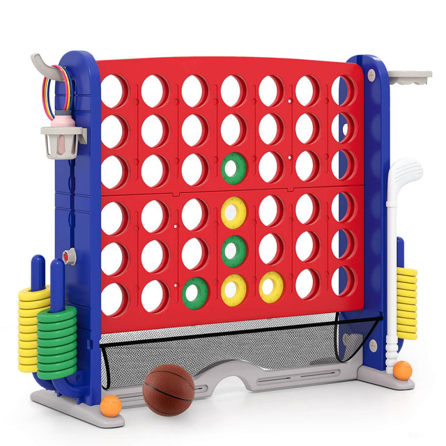 Front. Costway - Costway Giant 4-in-a-Row Game Set with Ring-toss, Basketball Hoop, Golf Club & Cup Holders - Red,Navy.