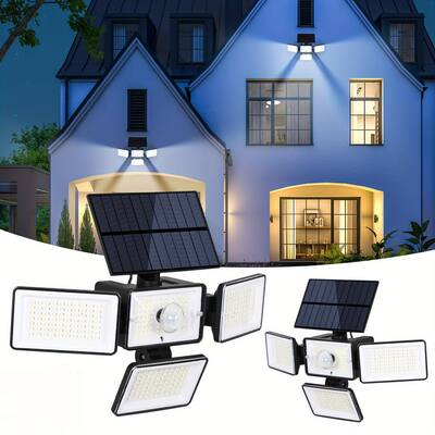 Oumilen - 2 Pack 4-Head Solar Security Lights with Remote – 288 LED 2500LM Motion Sensor Wall Light for Garage Yard