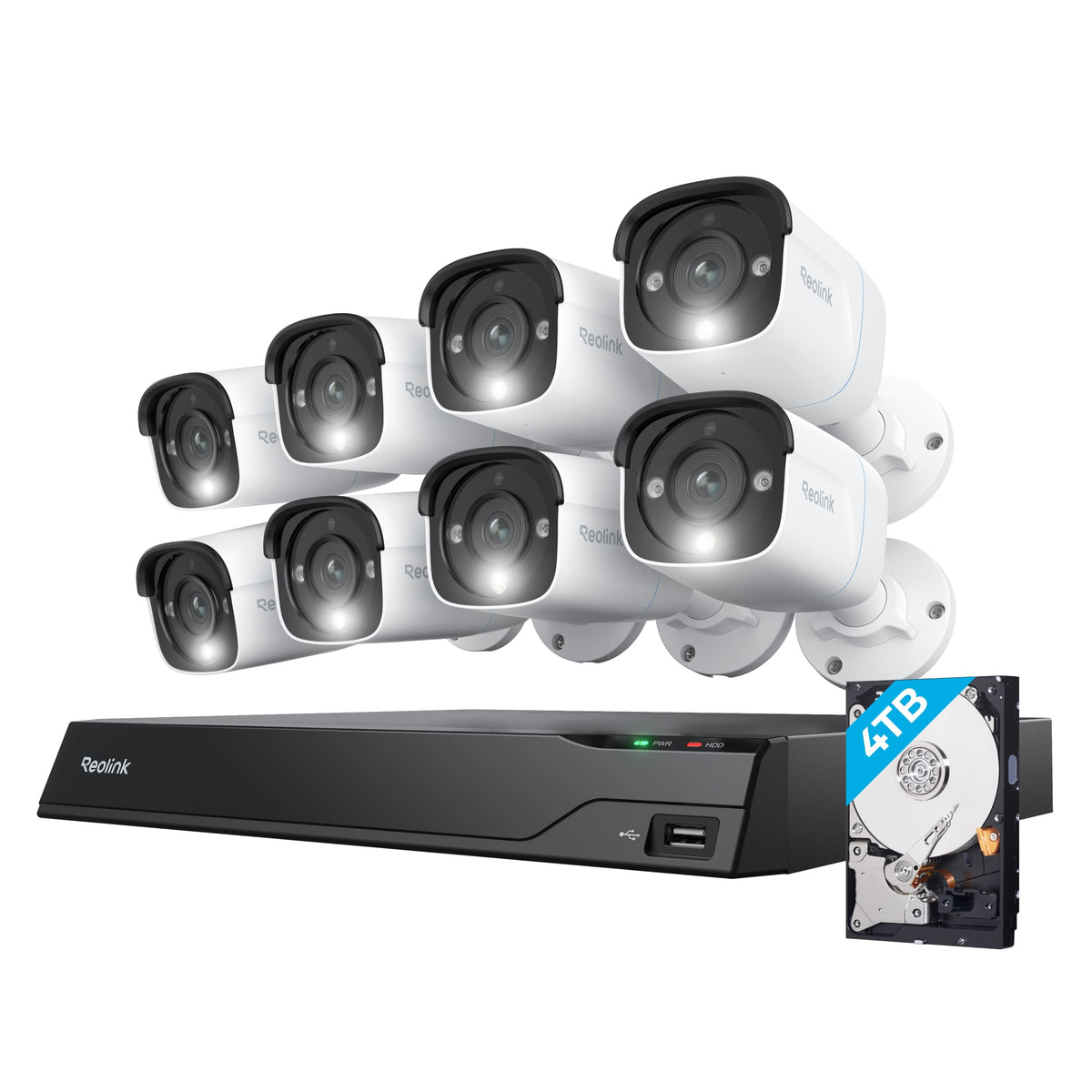 Reolink - 16-Channel, 8 - Bullet Camera Indoor/Outdoor 4K 8MP PoE 4TB Smart NVR Security Surveillance System - White