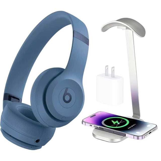 Front. Beats - Beats - Solo 4 True Wireless On-Ear Headphones + Power Adapter & Headphone Stand/Charging Pad - Slate Blue.
