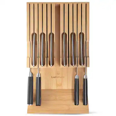Luminuxe - Bamboo Knife Block Drawer Organizer, Nonslip, In Drawer Wooden Knife Storage, Holds up to 12 Knives