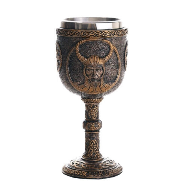 Front. Pacific Trading - Norse Mythology Trickster God Loki Wine Goblet Chalice Cup Resin Body Stainless Steel Cup 7 ounce - Bronze.
