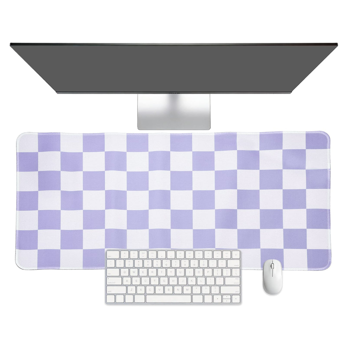 Unique Bargains - Checkered Desk Mat, 31.5x11.8 Inch Mouse Pad, Non-Slip Rubber, Stitched Edges, Soft, for Computer/Laptop - Purple/White