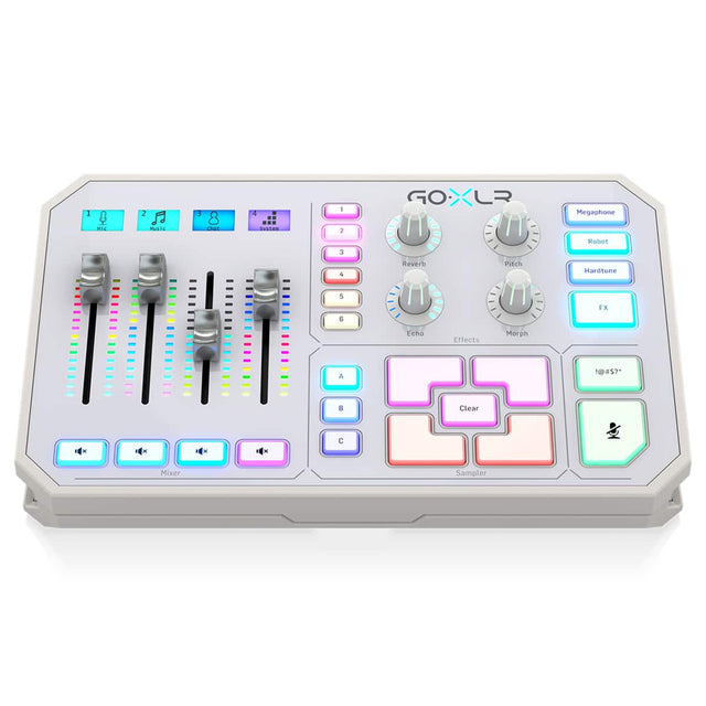 1 mic  
2 music  
3 out  
4 system  

5 Reverb  
6 Pitch  
7 Echo  
8 Effects  
9 Morph  

A  
B  
C  

GOXLR Megaphone  
Robot  
Hardtune  
FX  

Clear & Sampler  

Mixer